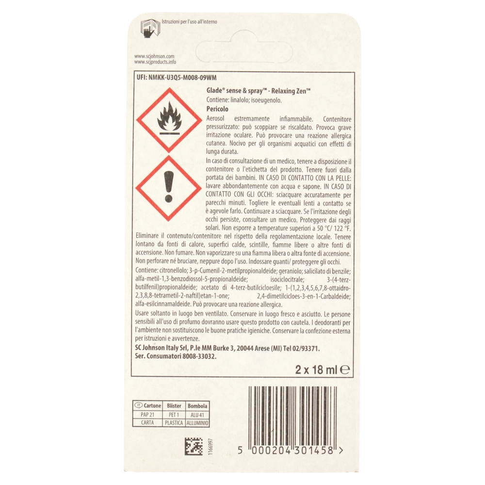 Glade Sense&Spray Doppia Ricarica, Profumatore Ambienti con Sensore, Fragranza Relaxing Zen 2x18ml